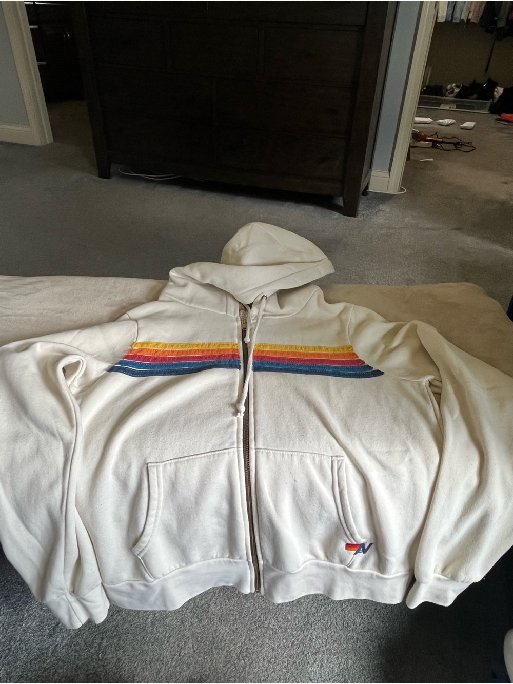 Aviator Nation Cream Zip-Up Kids Hoodie with Rainbow Stripe